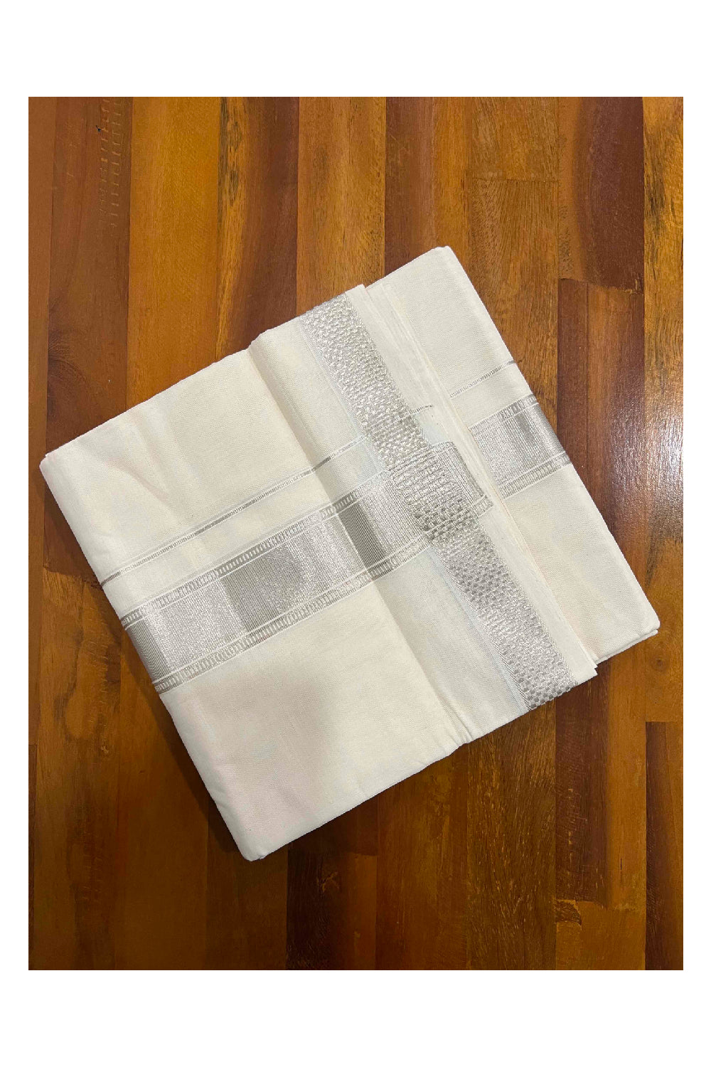 Southloom Balaramapuram Handloom Pure Cotton Mundu with Silver Kasavu Design Kara (South Indian Dhoti)