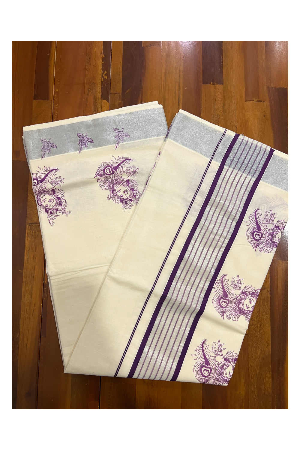 Pure Cotton Kerala Silver Kasavu and Purple Border Saree with Krishna and Feather Block Prints