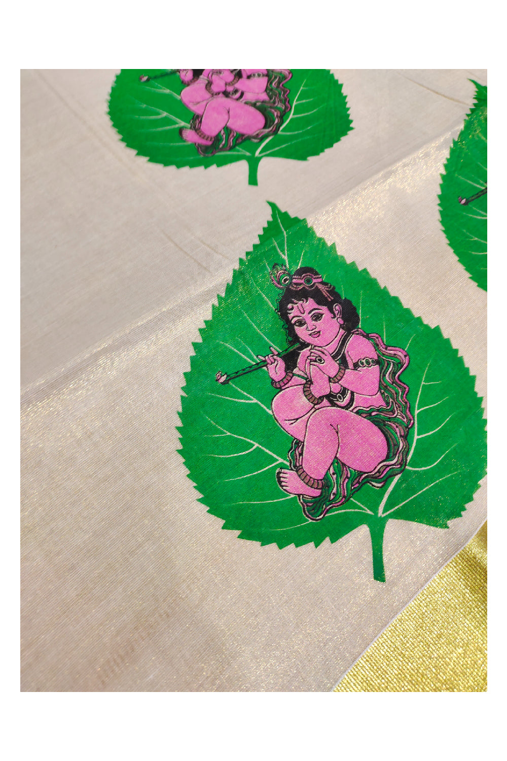 Kerala Tissue Kasavu Saree With Mural Krishna on Leaf Design