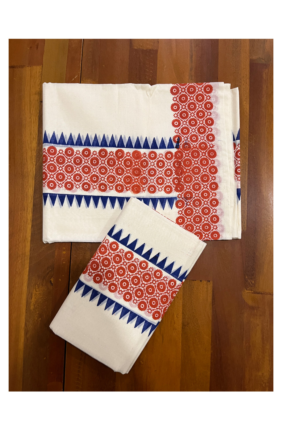 Kerala Cotton Set Mundu (Mundum Neriyathum) with Red Block Prints and Blue Temple Border