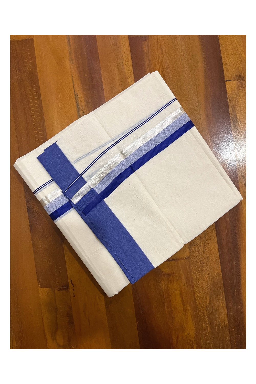 Pure Cotton Off White Double Mundu with Silver Kasavu and Blue Border (South Indian Dhoti)