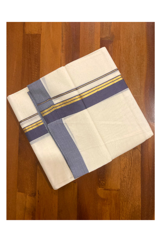 Off White Pure Cotton Double Mundu with Kasavu and Grey Border (South Indian Dhoti)