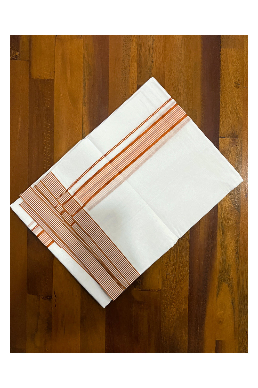 Pure White Cotton Double Mundu with Orange Lines Border (South Indian Dhoti)