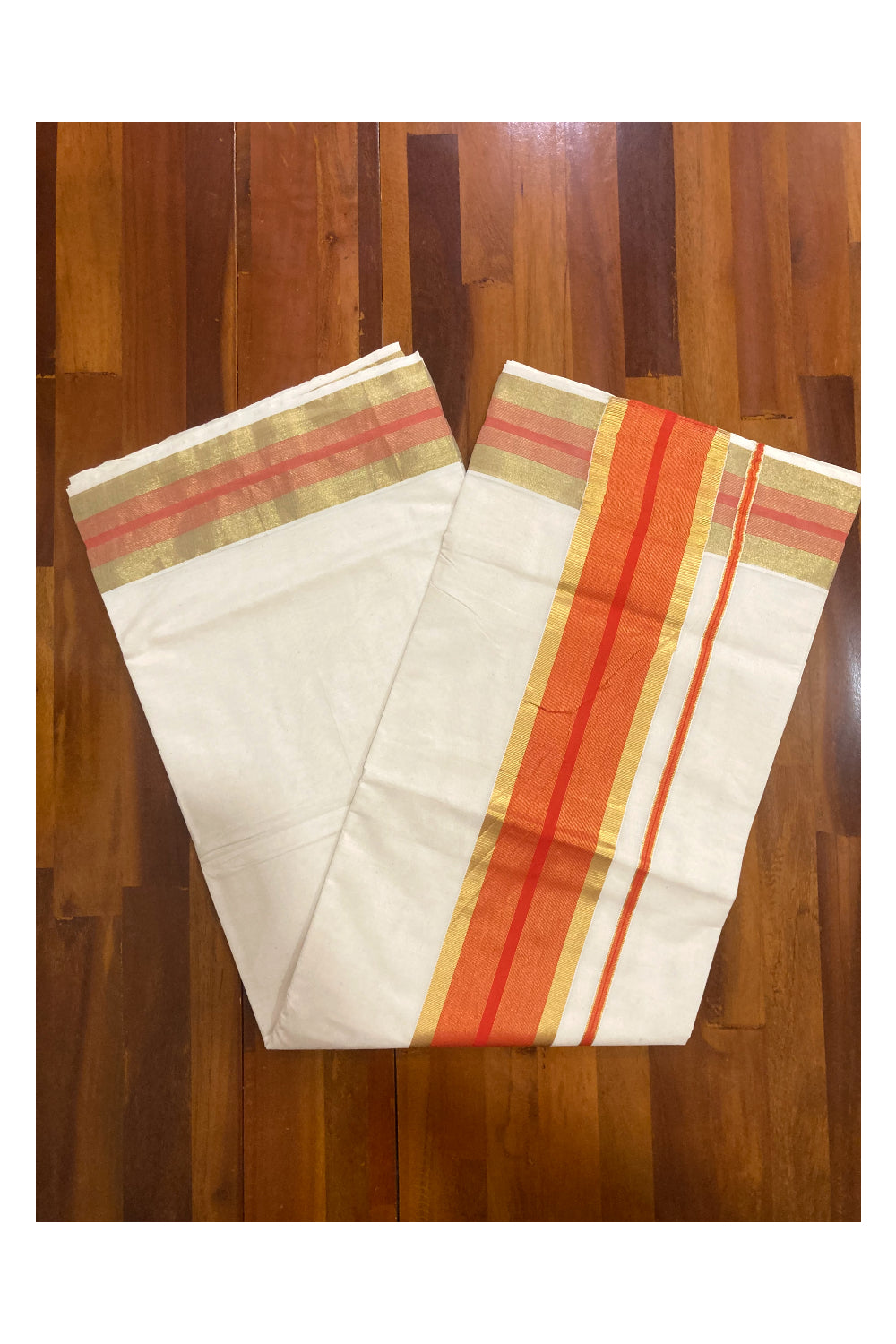 Kerala Pure Cotton Plain Saree with Kasavu and Orange Border