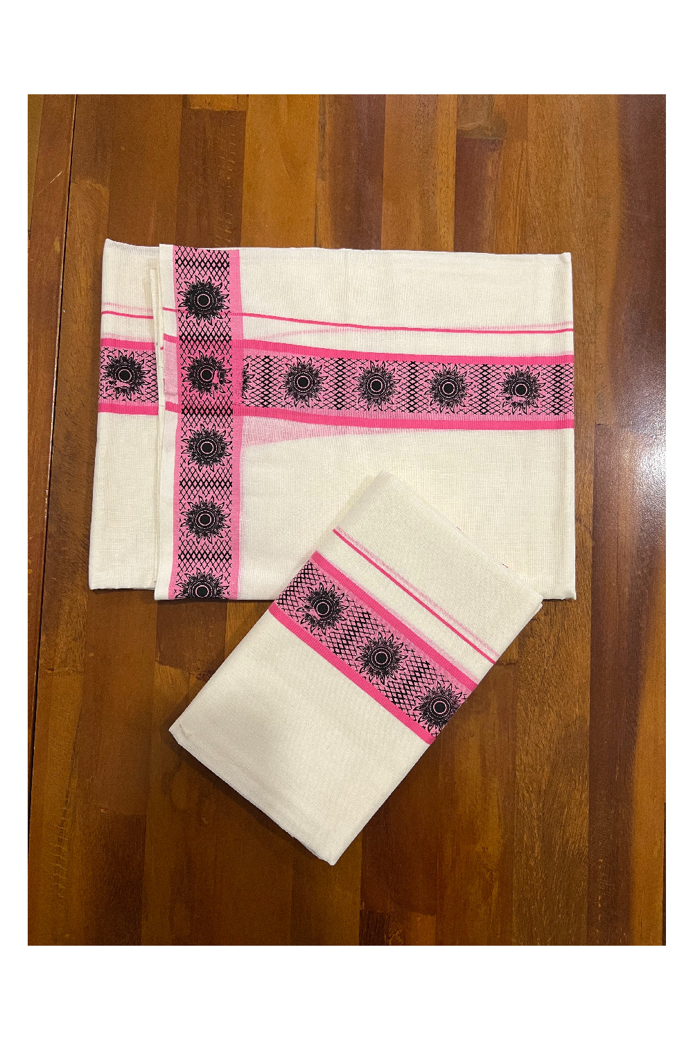 Kerala Cotton Set Mundu (Mundum Neriyathum) with Pink Floral Block Printed Border