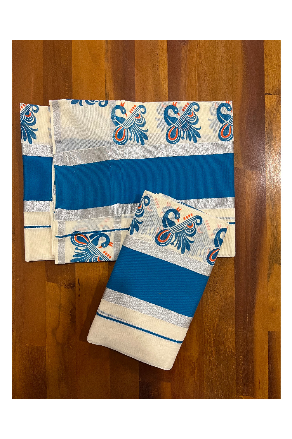 Kerala Cotton Silver Kasavu Set Mundu (Mundum Neriyathum) with Light Blue Peacock Block Print Border