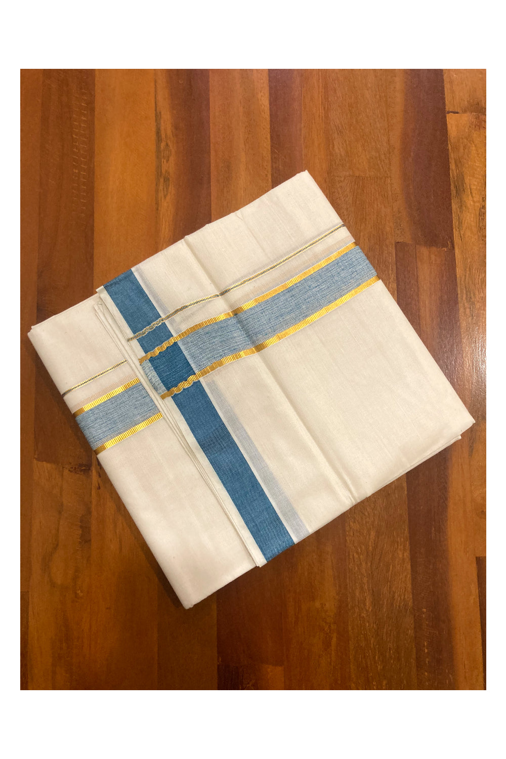 Pure Cotton Double Mundu with Blue and Kasavu Border (South Indian Dhoti)