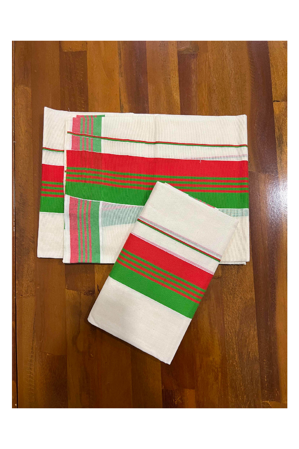 Kerala Cotton Mundum Neriyathum Single (Set Mundu) with Red and Green Border