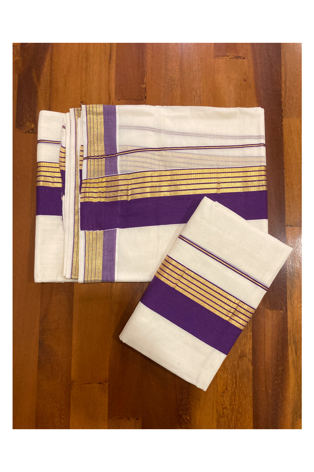 Mundum Neriyathum Double (Set Mundu) with Violet and Kasavu Border