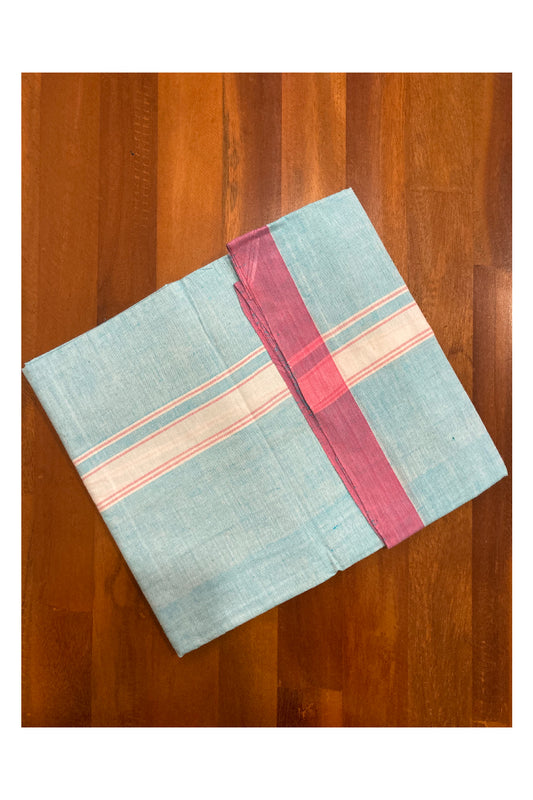 Southloom Premium Handloom Light Blue Solid Single Mundu (Lungi) with White Border