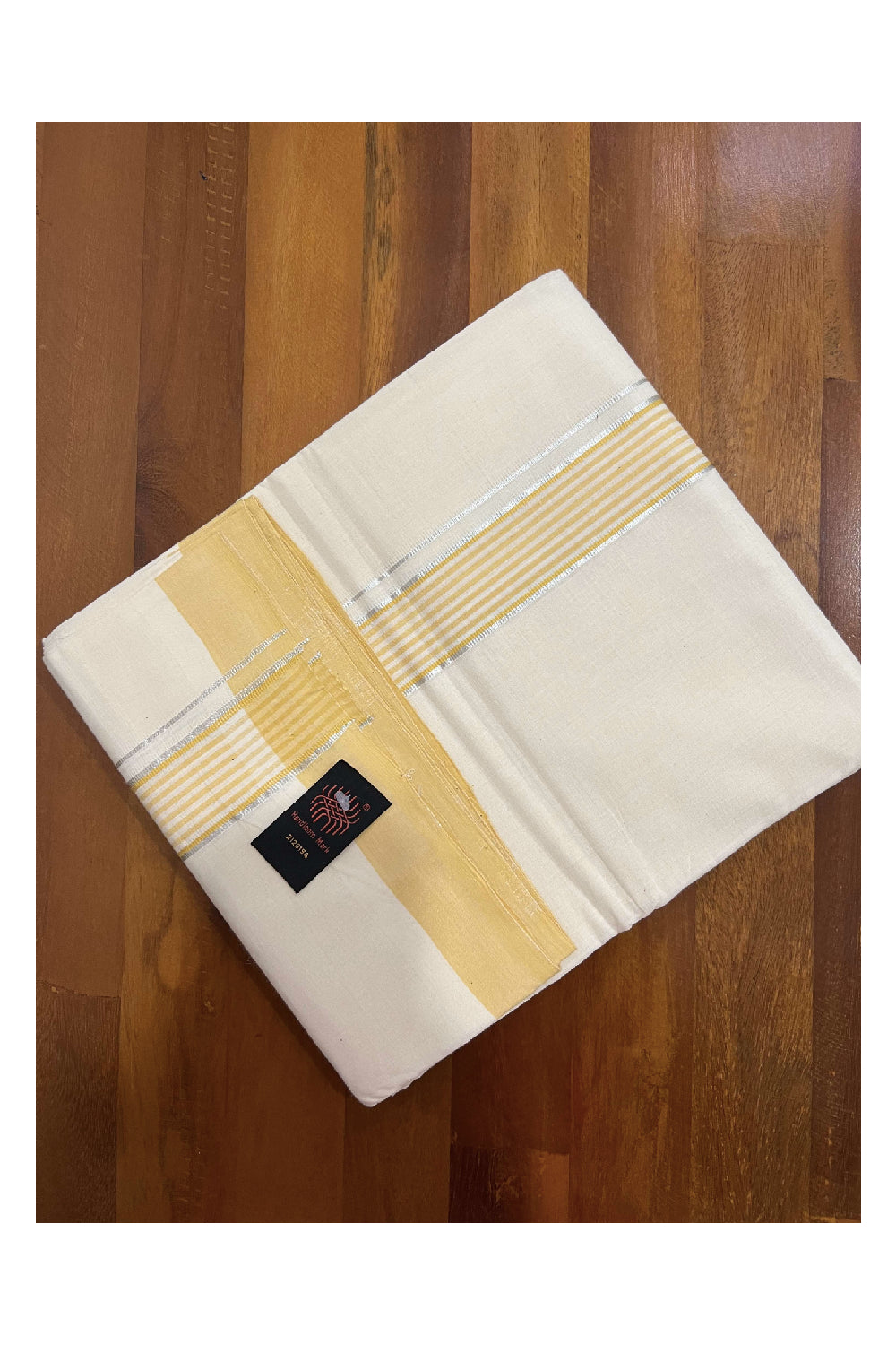 Southloom Balaramapuram Pure Cotton Handloom Mundu with Silver Kasavu and Yellow Lines Border