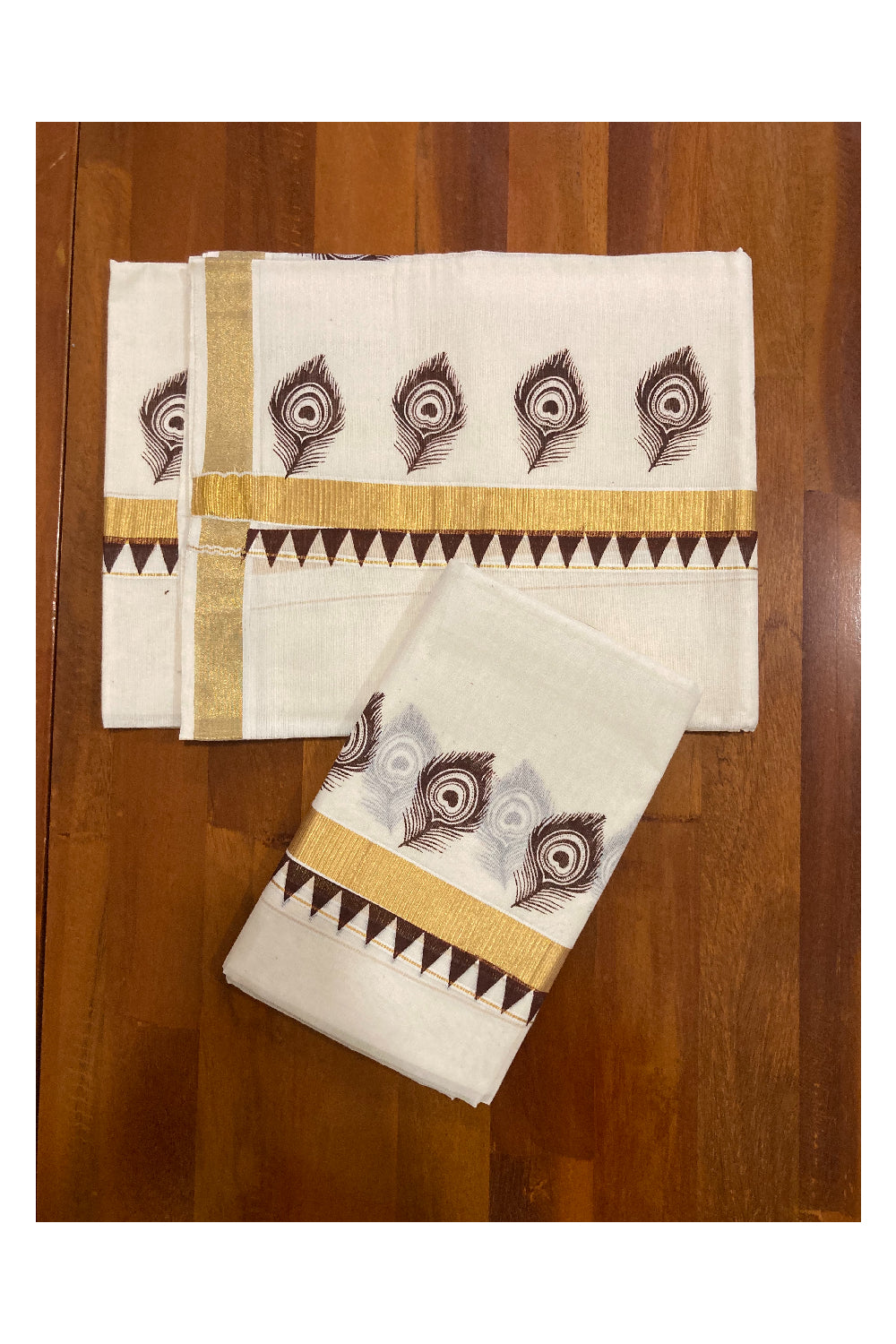 Kerala Cotton Kasavu Set Mundu (Mundum Neriyathum) with Brown Feather and Temple Block Prints on Border