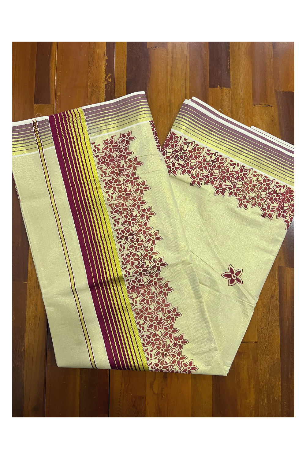 Kerala Tissue Kasavu Saree With Maroon Mural Floral Design