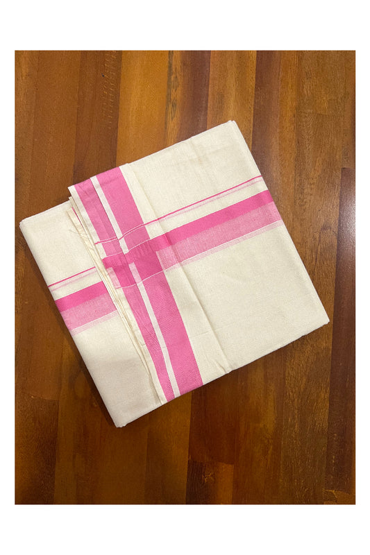 Off White Pure Cotton Double Mundu with Pink Shaded Kara (South Indian Dhoti)