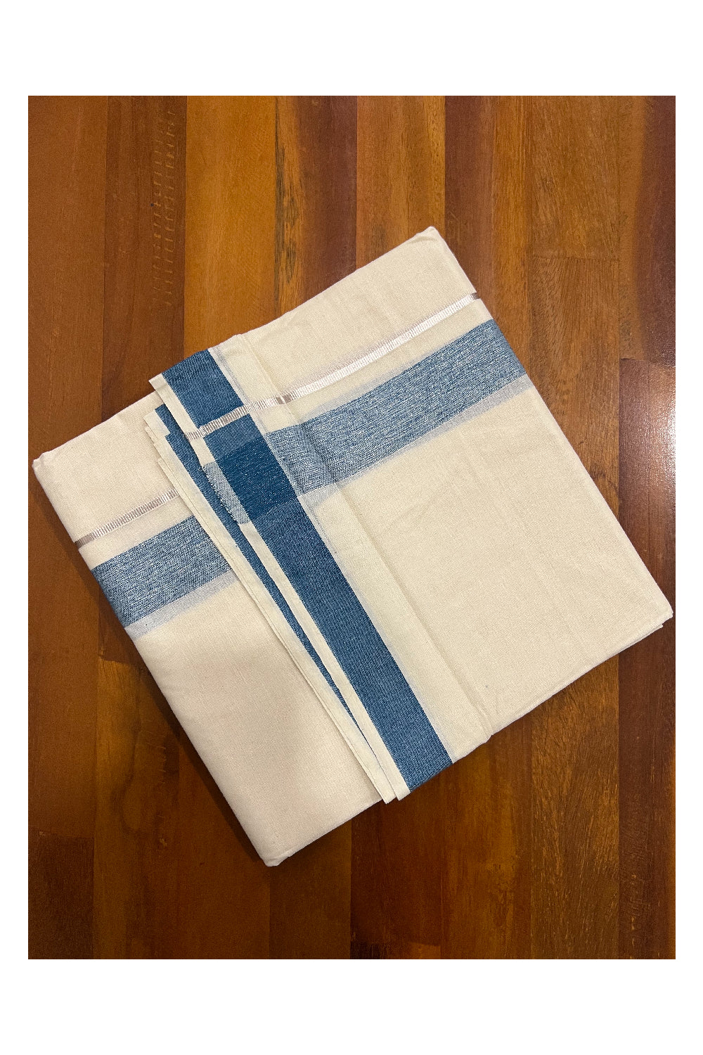 Pure Cotton Off White Double Mundu with Blue and Silver Kasavu Border (South Indian Dhoti)