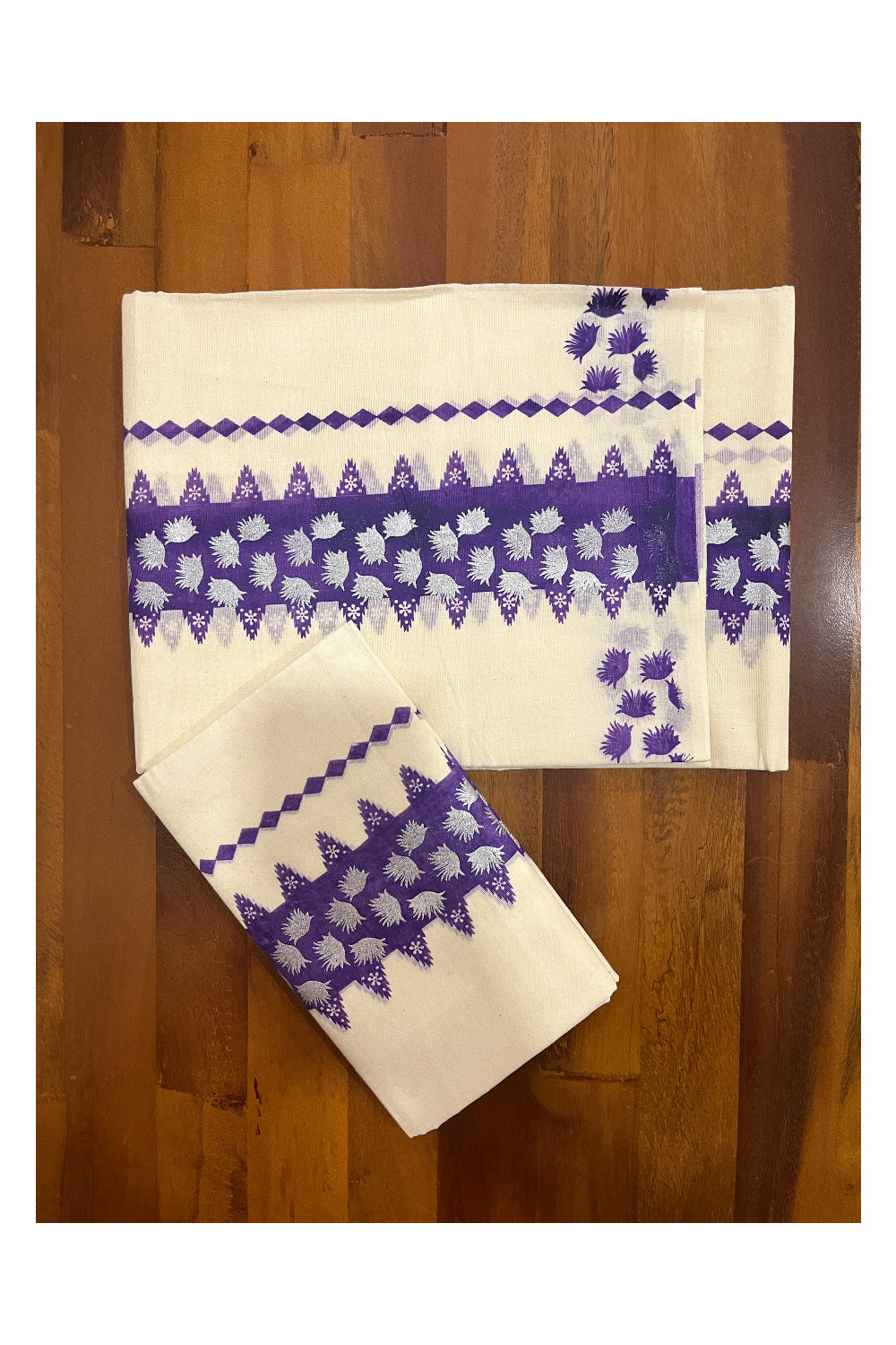 Kerala Cotton Single Set Mundu (Mundum Neriyathum) with Violet Block Prints on Border