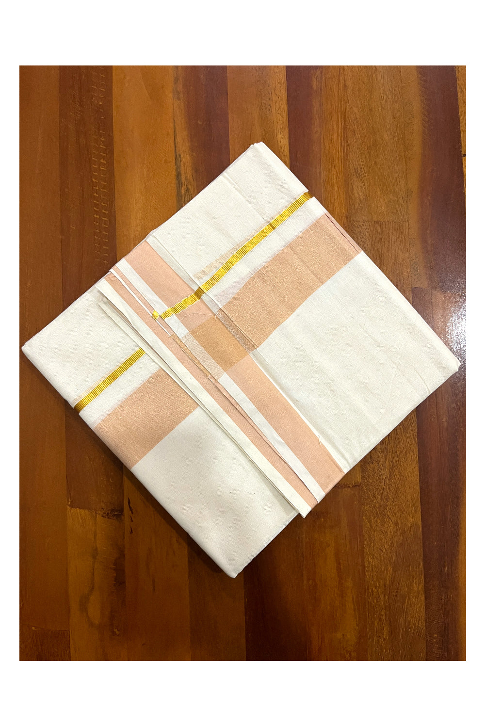 Pure Cotton Double Mundu with Kasavu Light Peach Kara (South Indian Dhoti)