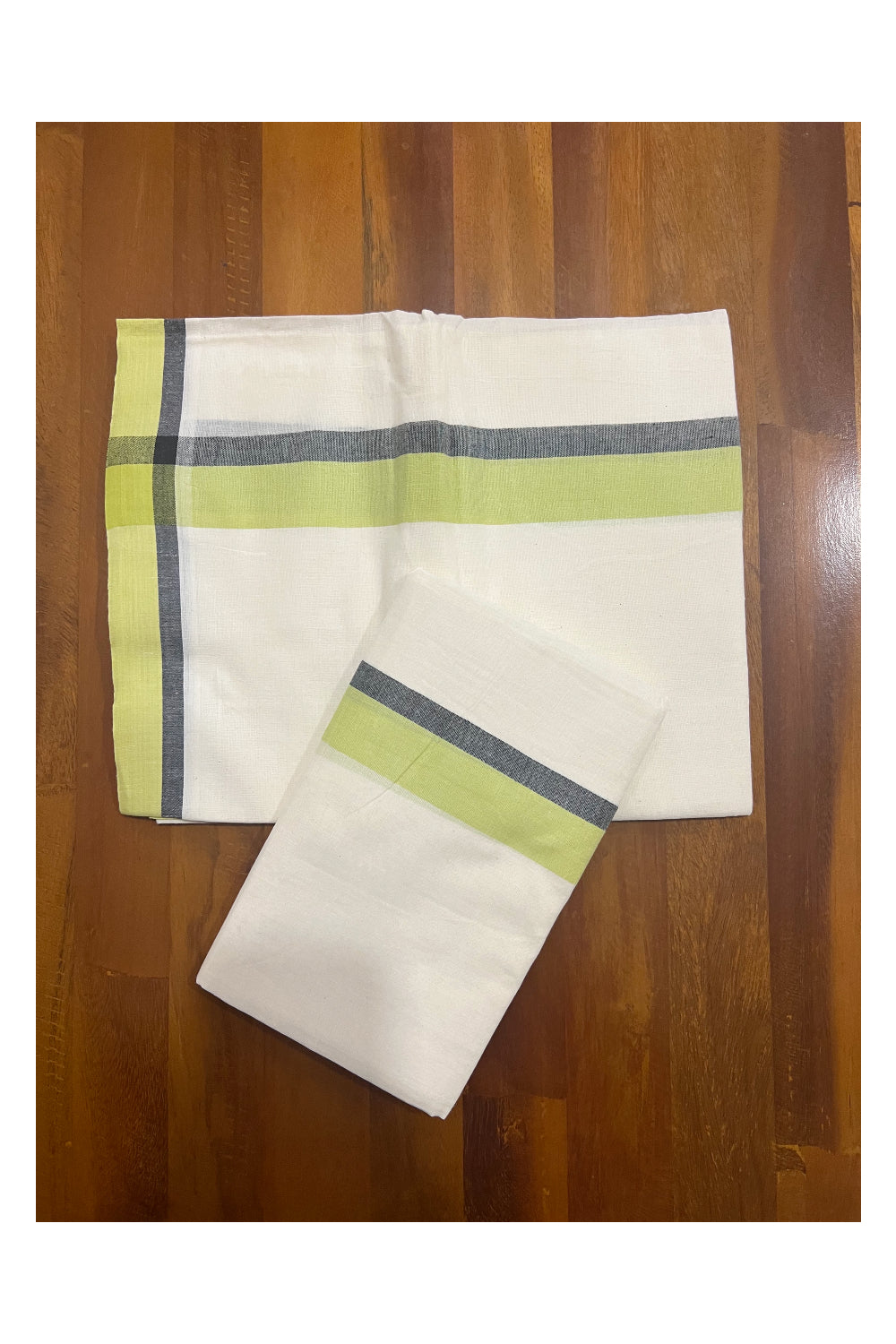 Kerala Cotton Mundum Neriyathum Single (Set Mundu) with Light Green and Black Mulloth Border (Extra Soft Cotton)