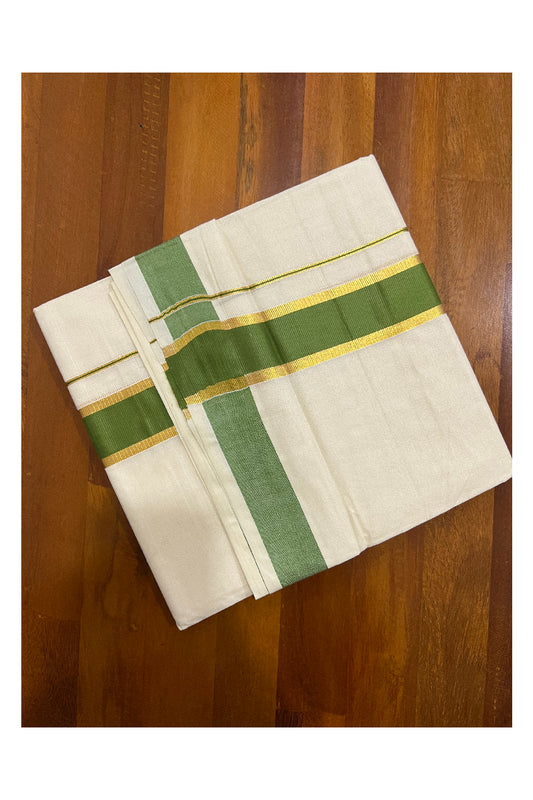 Off White Kerala Double Mundu with Kasavu and Green Border (South Indian Dhoti)