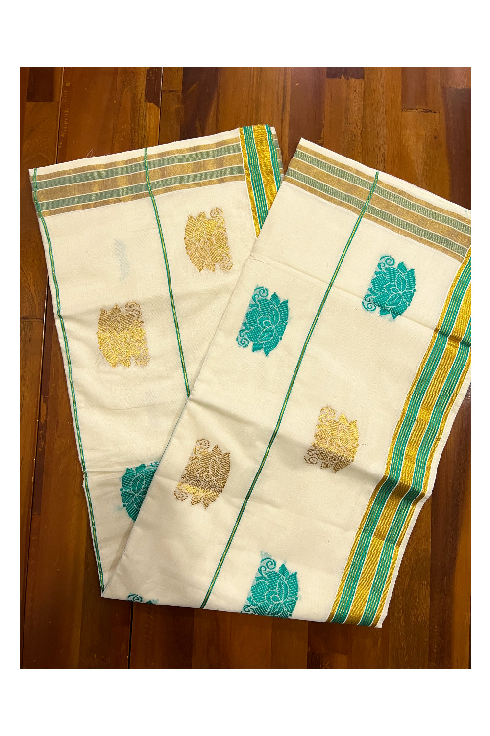 Southloom Pure Cotton Kerala Saree with Kasavu and Turquoise Heavy Works