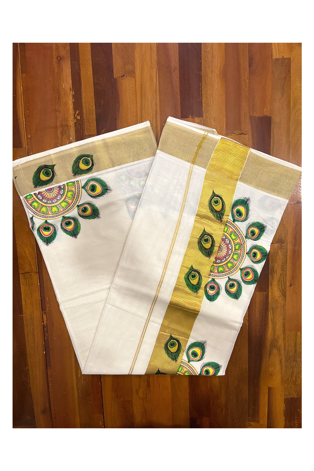 Kerala Pure Cotton Kasavu Saree with Mural Printed Semi Circle Peacock Feather Design