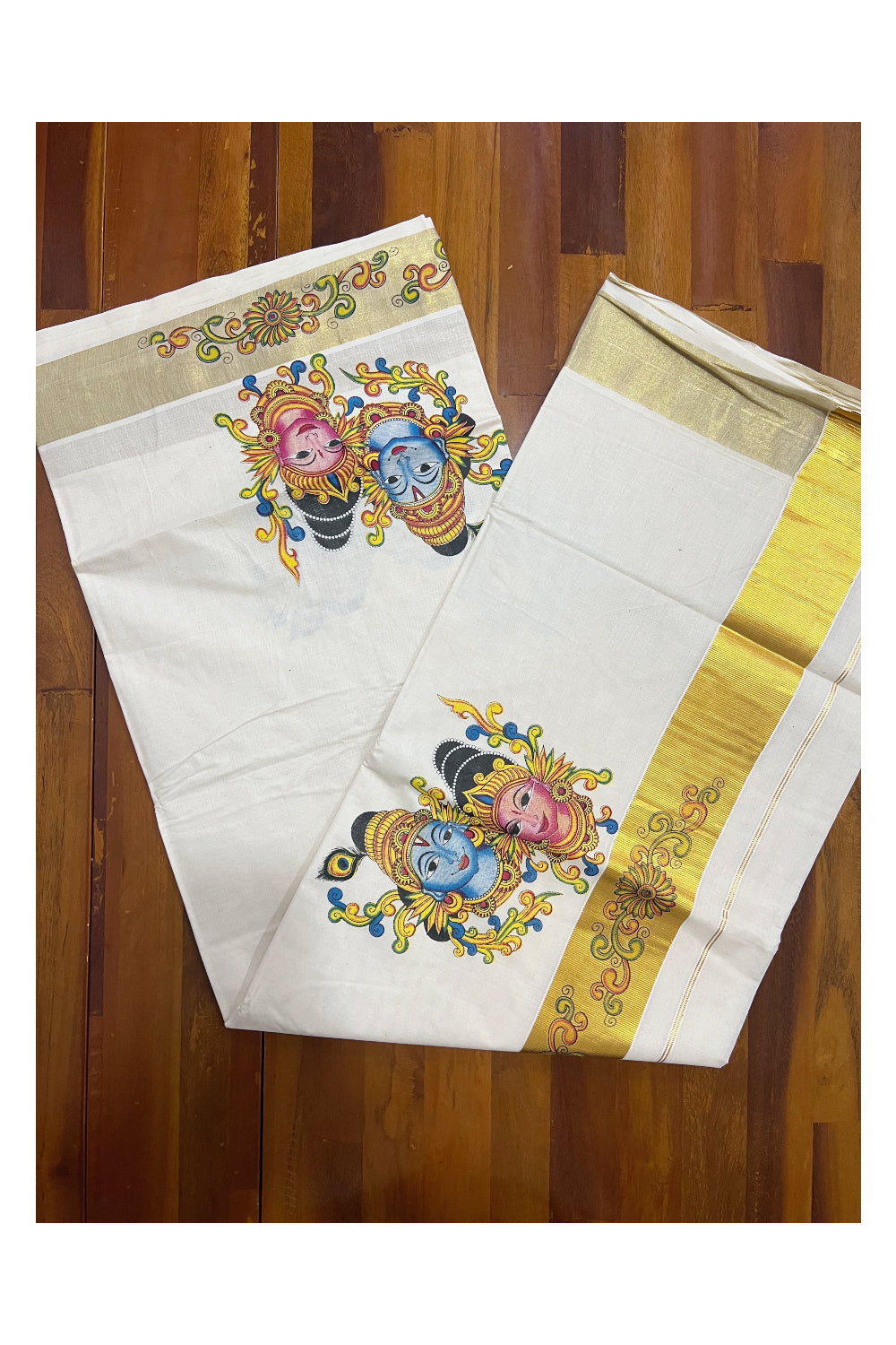 Pure Cotton Kerala Kasavu Saree with Mural Printed Krishna Radha Face Design