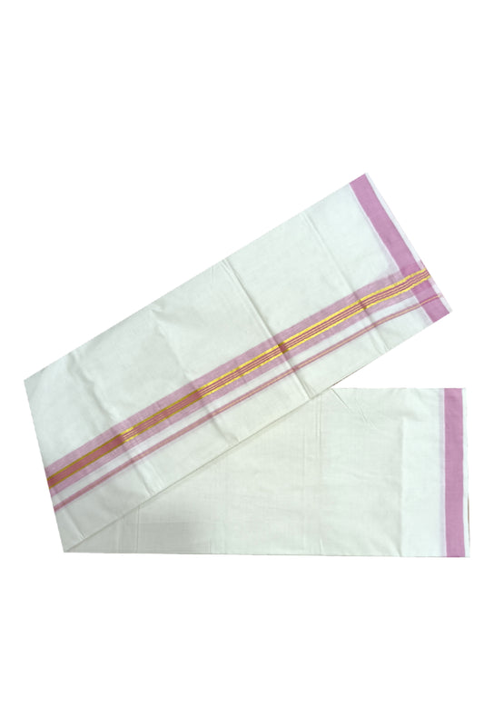 Off White Kerala Double Mundu with Kasavu and Pink Kara (South Indian Dhoti)