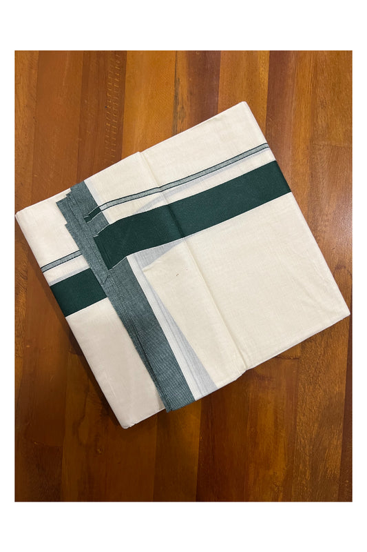 Pure Cotton Off White Double Mundu with Dark Green Border (South Indian Dhoti)