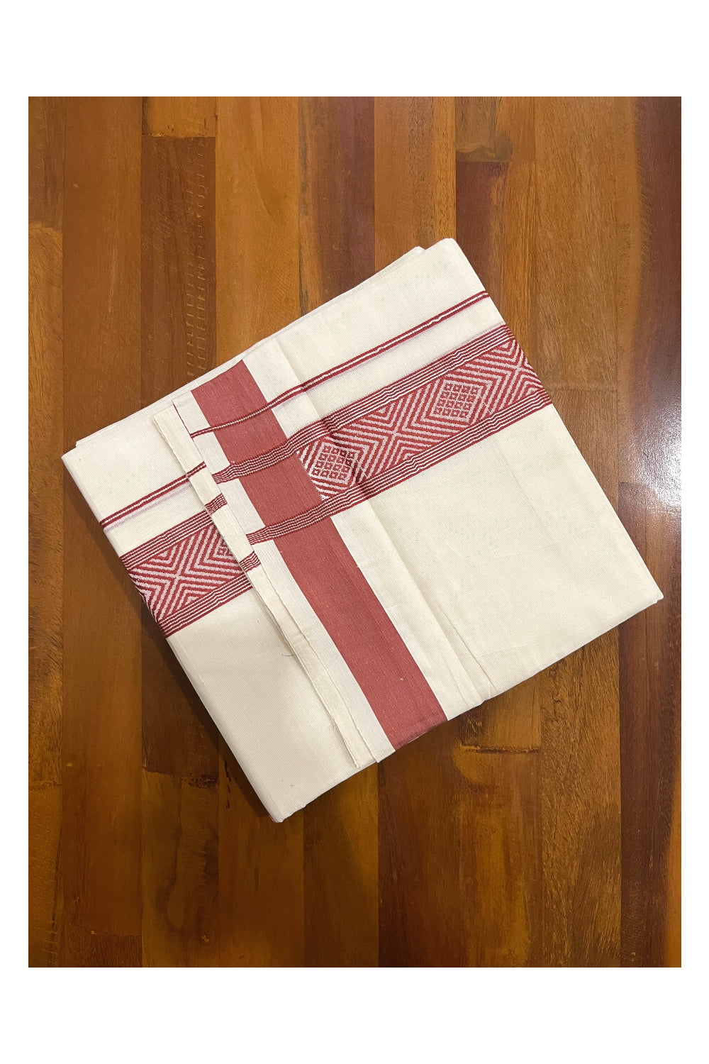 Pure Cotton Off White Double Mundu with Silver Kasavu and Red Woven Border (South Indian Dhoti)