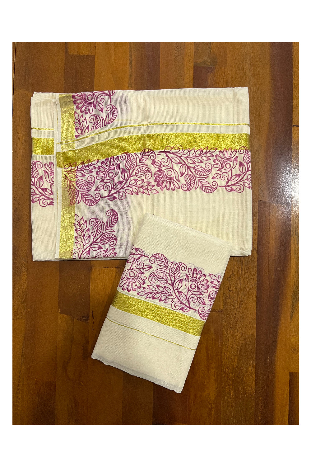 Kerala Cotton Kasavu Set Mundu (Mundum Neriyathum) with Magenta Floral Block Prints on Border