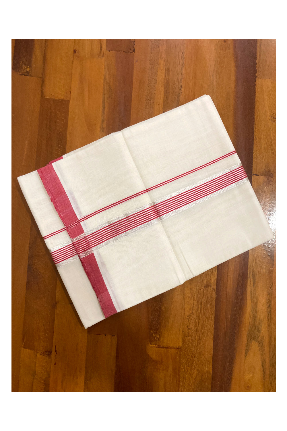 Southloom Premium Handloom Pure Cotton Mundu with Red and Silver Kasavu Border (South Indian Dhoti)