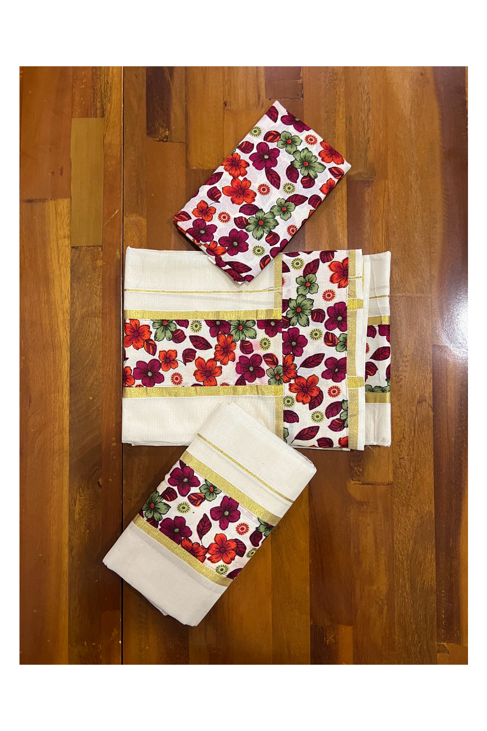 Kerala Cotton Kasavu Fusion Art Set Mundu (Mundum Neriyathum) with Floral Woven Figures on White Border 2.80 Mtrs