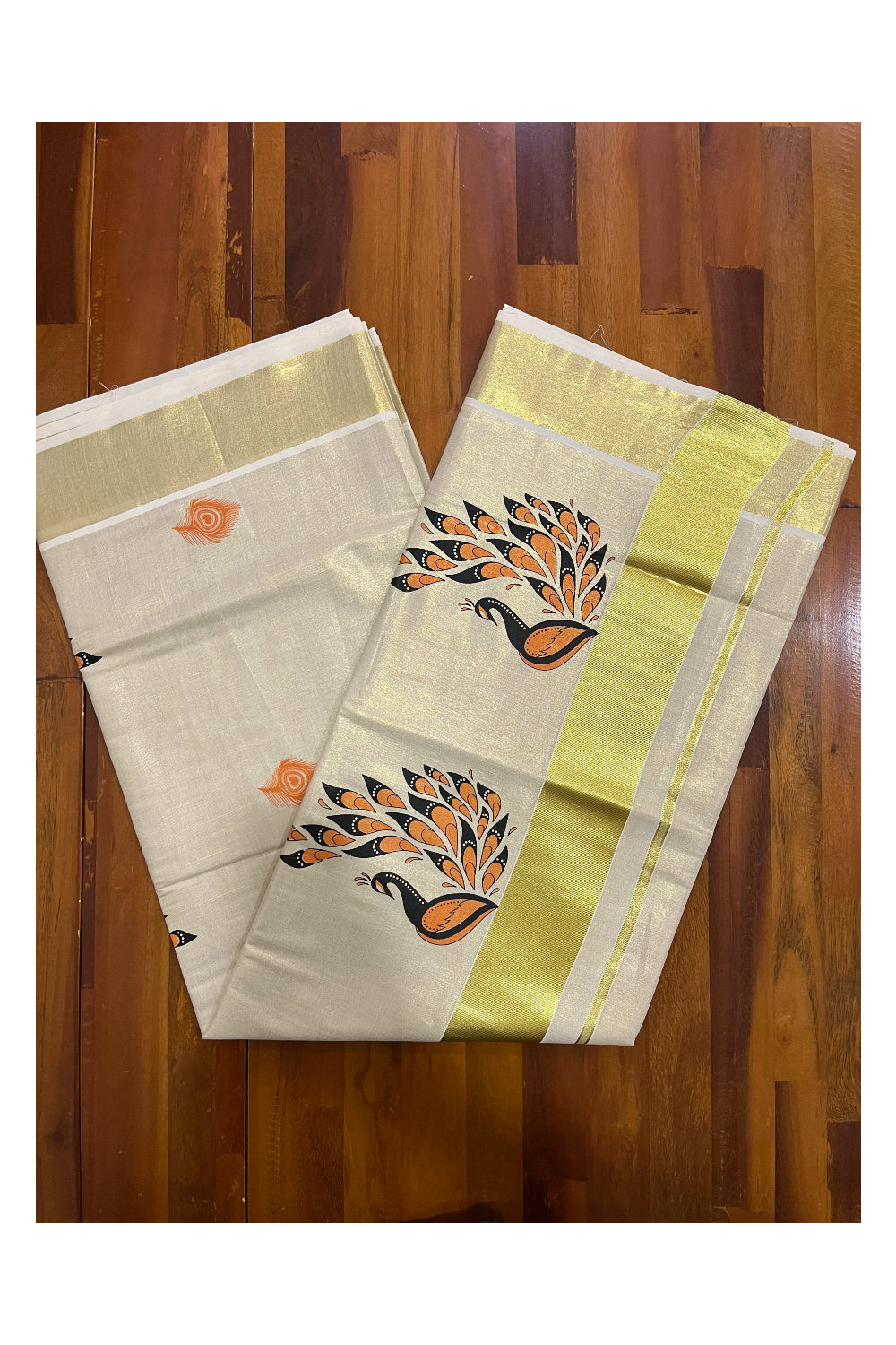 Kerala Tissue Kasavu Saree With Orange Peacock Mural Design