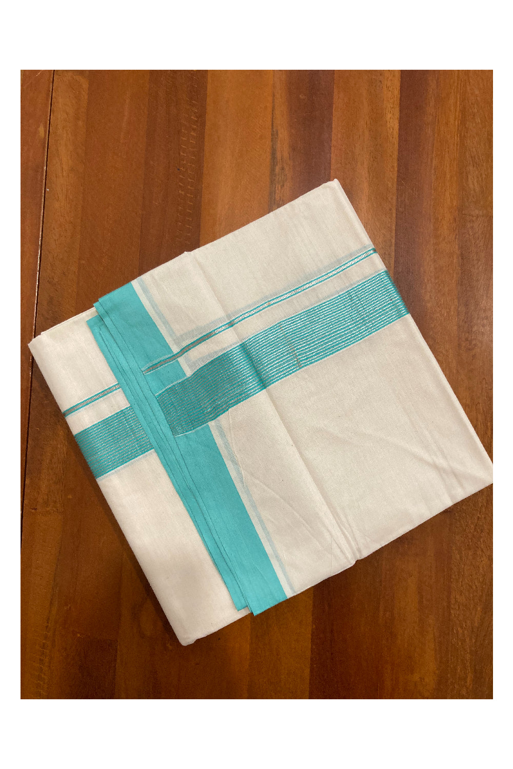 Off White Kerala Double Mundu with Silver Kasavu and Turquoise Line Border (South Indian Dhoti)