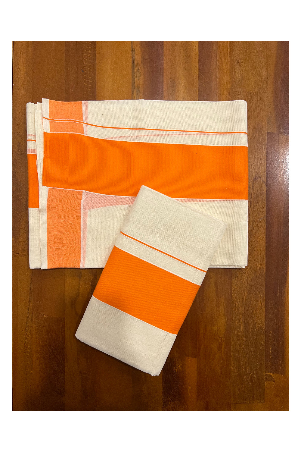 Kerala Cotton Mundum Neriyathum Single (Set Mundu) with Orange Border