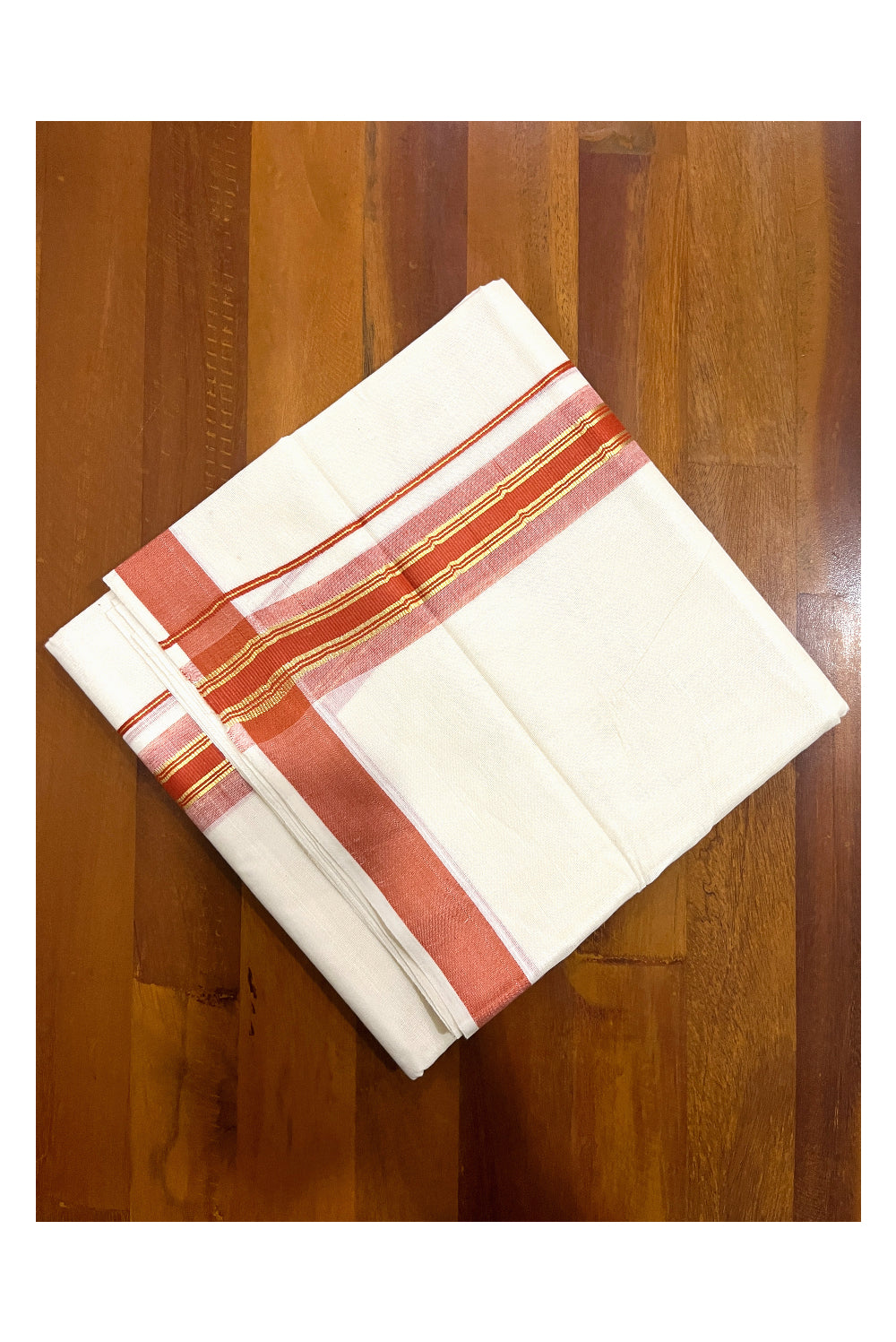 Pure Cotton Double Mundu with Kasavu Orange Kara (South Indian Dhoti)