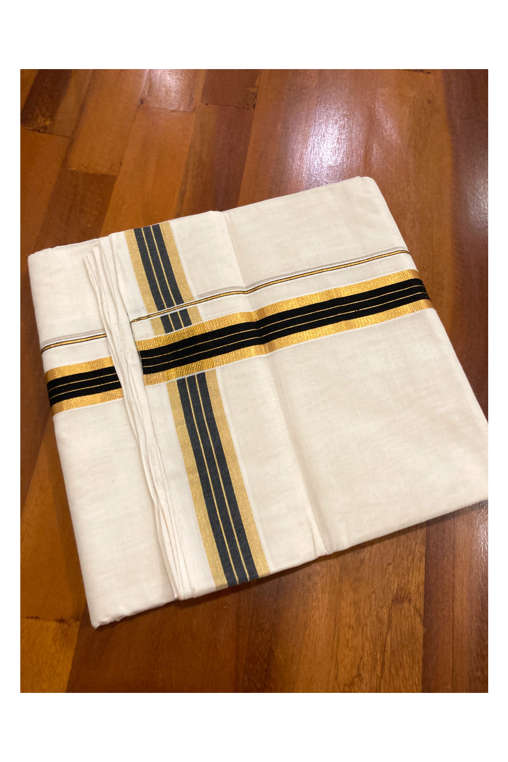 Southloom Premium Handloom Cotton Off White Mundu with Black and Kasavu Line Border (South Indian Dhoti)