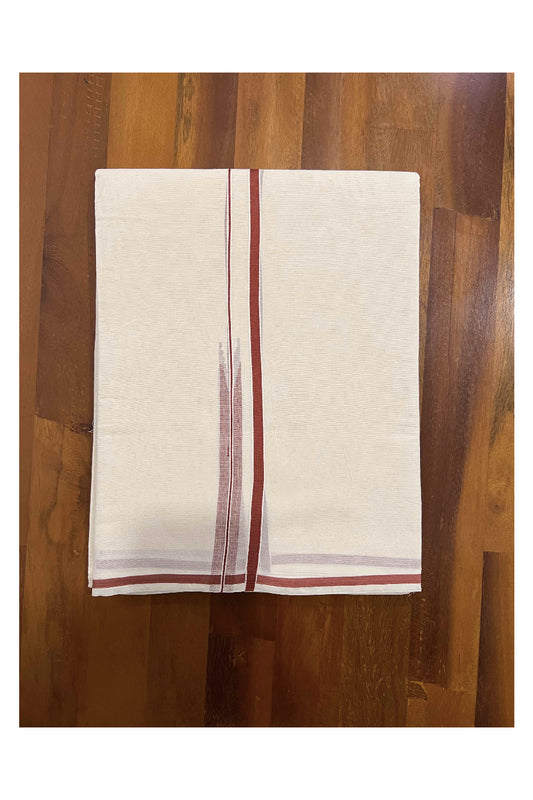 Off White Pure Cotton Double Mundu with Brick Red Puliyilakkara Border (South Indian Dhoti)