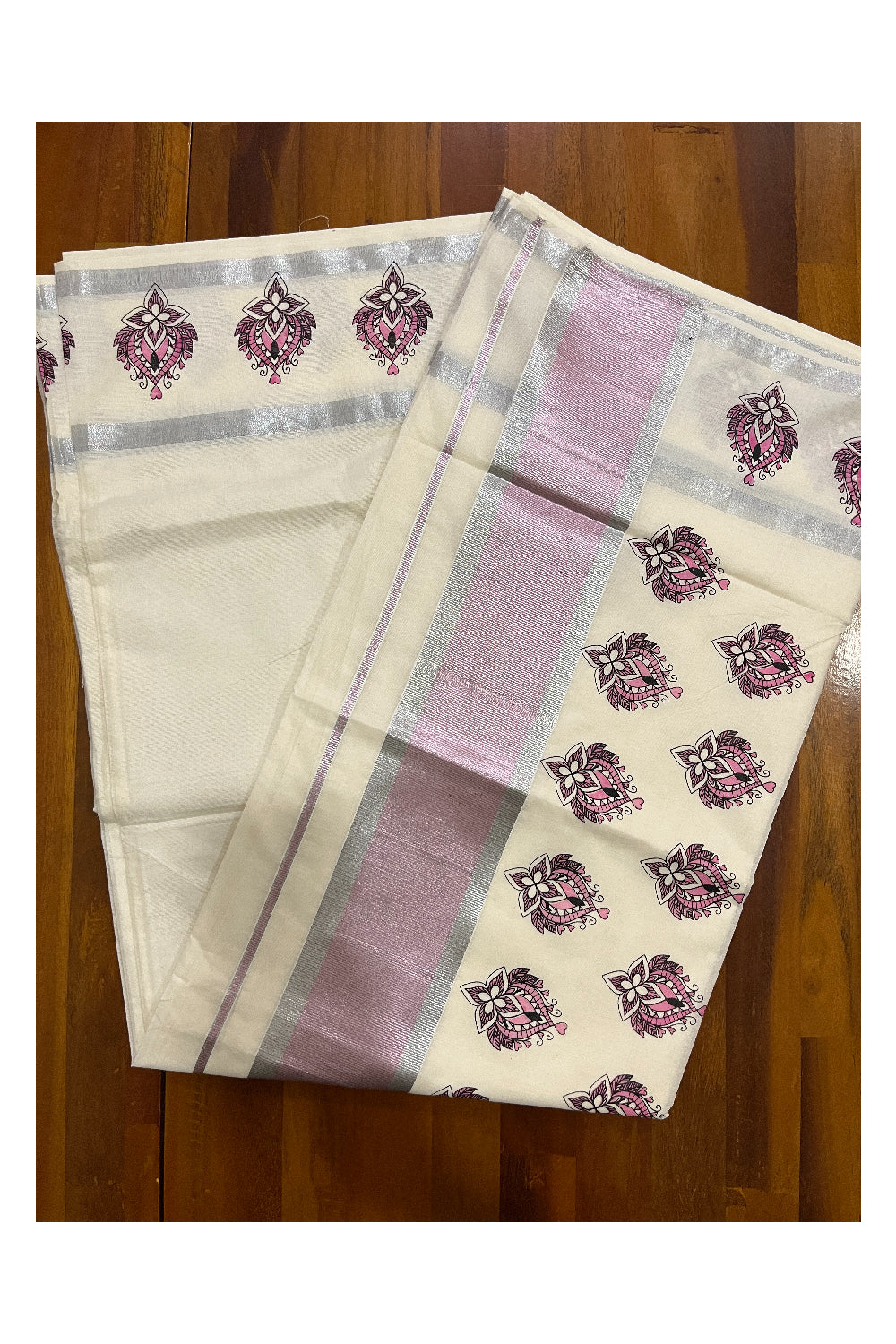 Kerala Cotton Silver and Pink Kasavu Border Saree with Block Printed Design