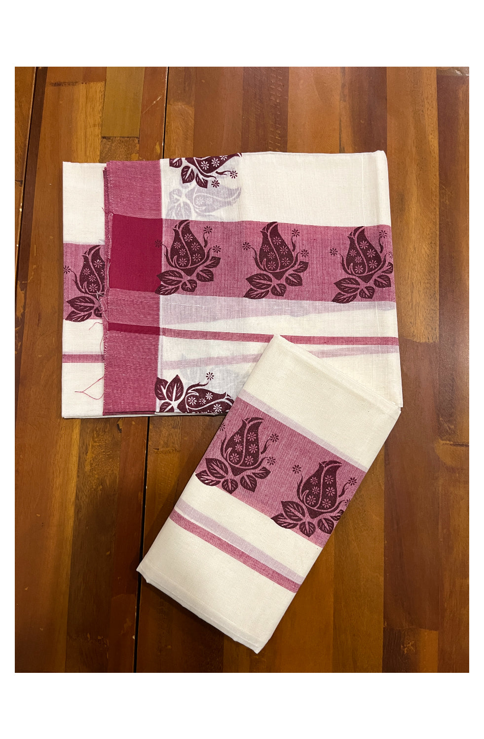 Kerala Cotton Set Mundu (Mundum Neriyathum) with Maroon Block Prints on Border