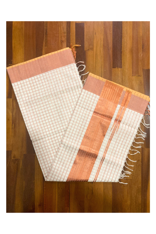 Southloom™ Handloom Kerala Premium Saree with Copper Kasavu Check Design Body