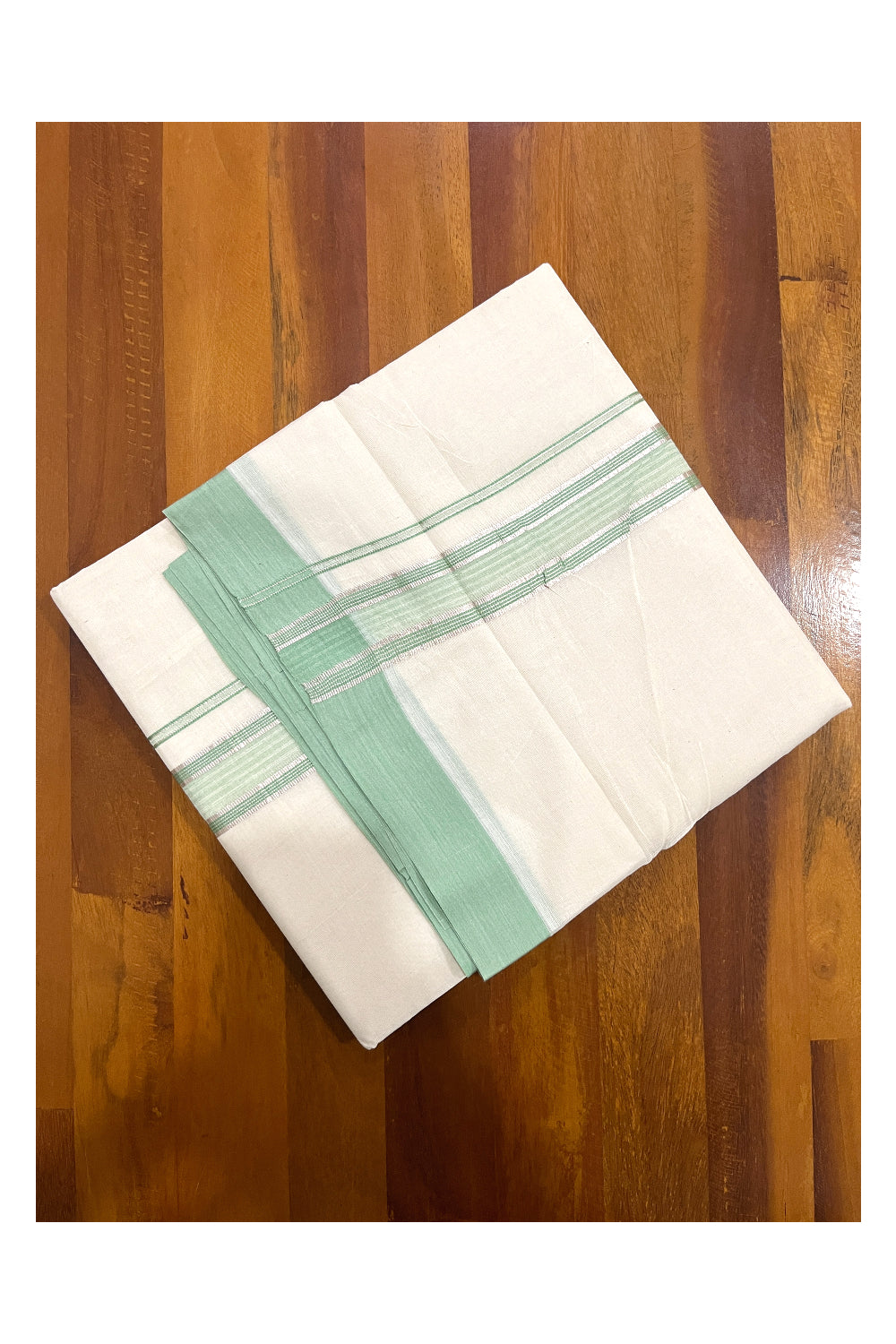 Pure Cotton Off White Double Mundu with Green and Silver Kara (South Indian Dhoti)