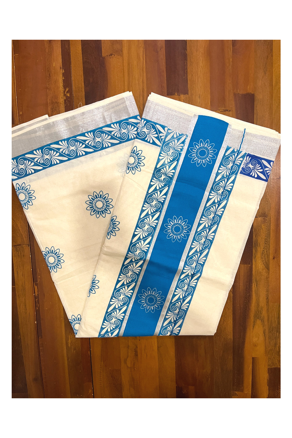 Pure Cotton Kerala Saree with Blue Block Prints and Silver Kasavu Border (Onam Saree 2023)