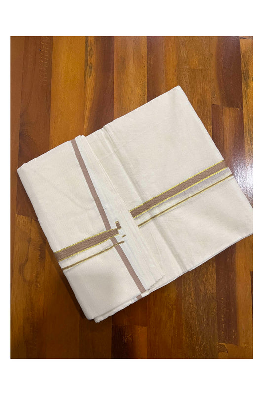 Off White Cotton Mundu with Light Brown and Kasavu Border (South Indian Dhoti)