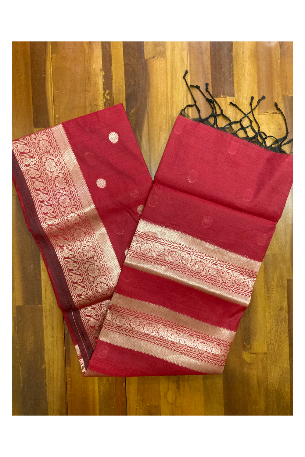 Southloom Red Cotton Designer Saree with Kasavu Woven Works