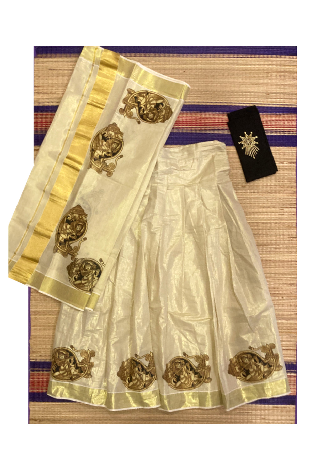 Semi Stitched Dhavani Set with Tissue Mural Printed Pavada and Black Bead work Blouse Piece