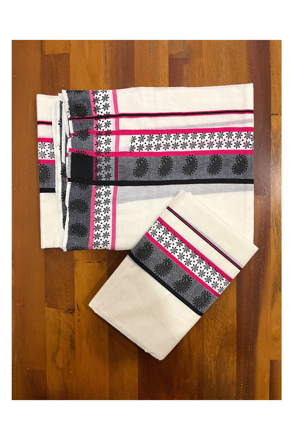 Kerala Cotton Single Set Mundu (Mundum Neriyathum) with Red Black Block Prints on Border