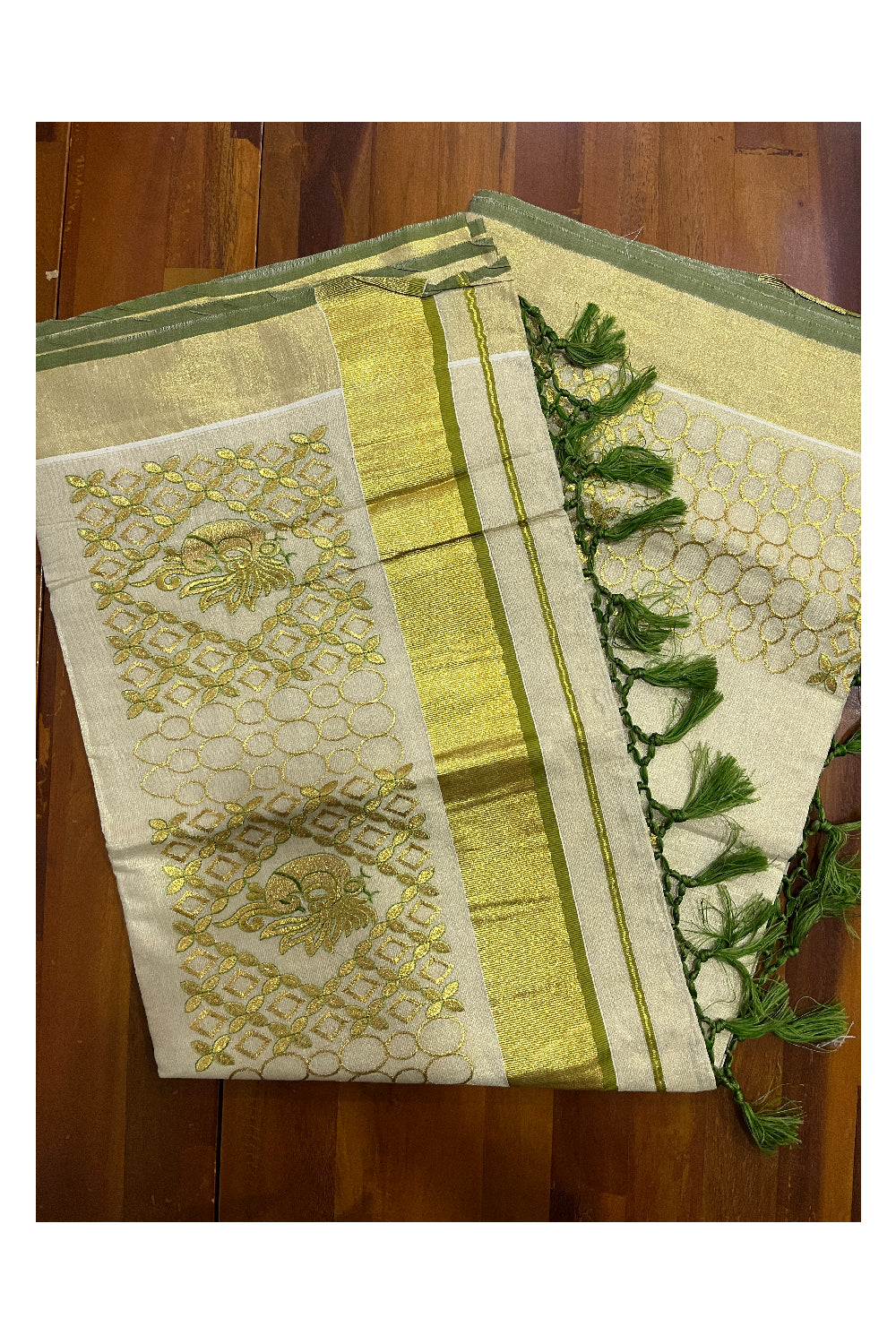 Kerala Tissue Kasavu Heavy Work Saree with Golden and Green Peacock Embroidery Design