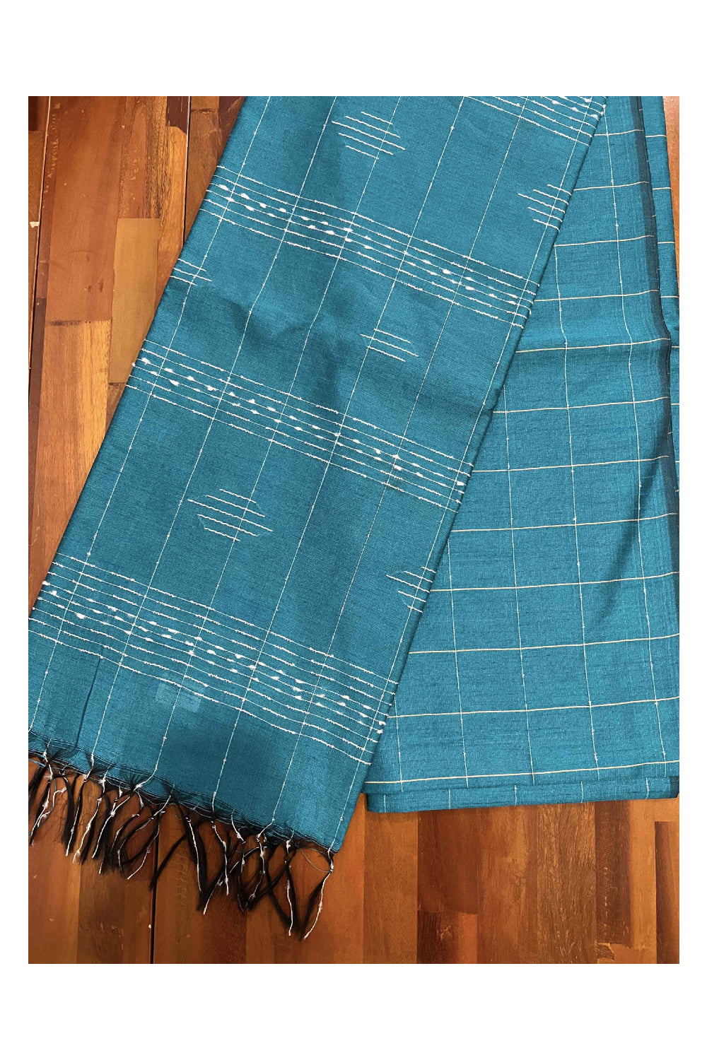 Southloom Teal Green Semi Tussar Checkered Designer Saree with Tassels on Pallu