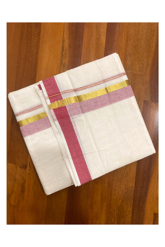 Pure Cotton Off White Double Mundu with Red and Kasavu Border (South Indian Dhoti)